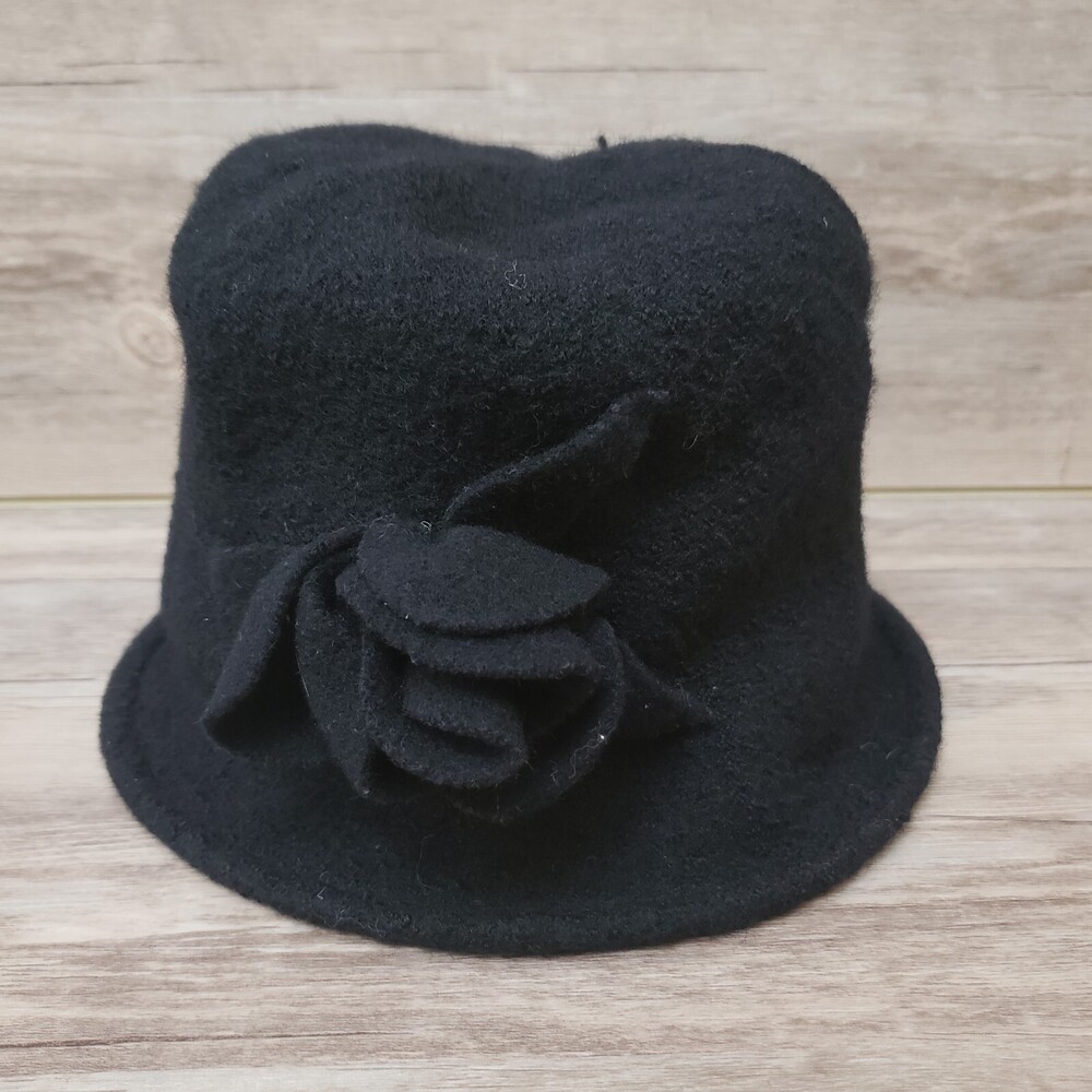 Preston & York Wool Bucket Hat Cap Cloche Collapsible Black Flower One Size